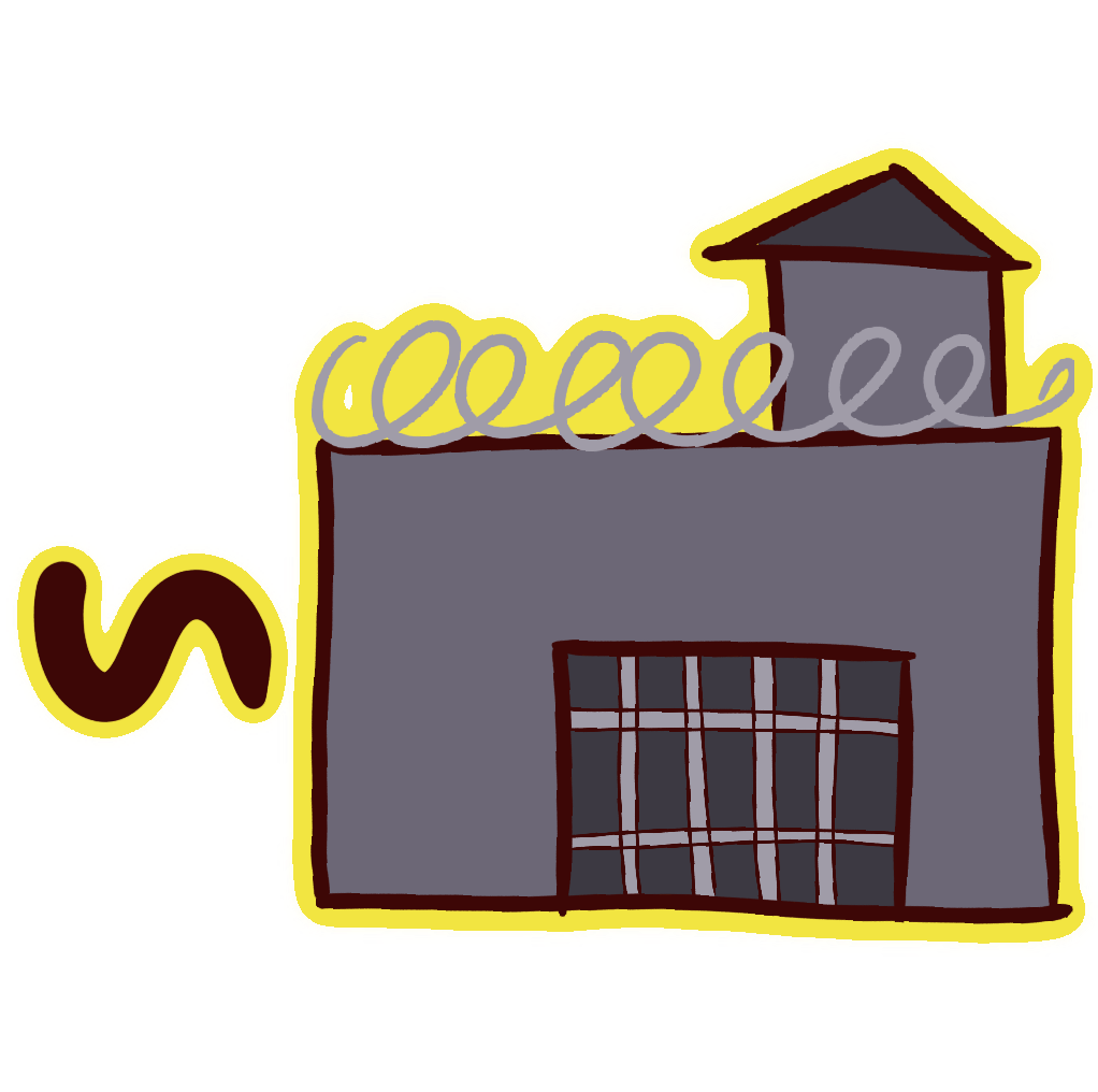 image of a gray prison with a yellow outline next to a tilde with a yellow outline